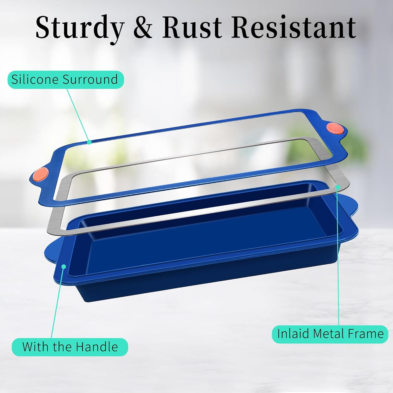 To encounter Silicone Baking Pans Set, 4 Pieces Nonstick Bakeware Set with Baking Pans, Baking Sheets, Cookie Sheets, Cake Pan with Grips and Metal Reinforced Frame More Strength, Navy Blue