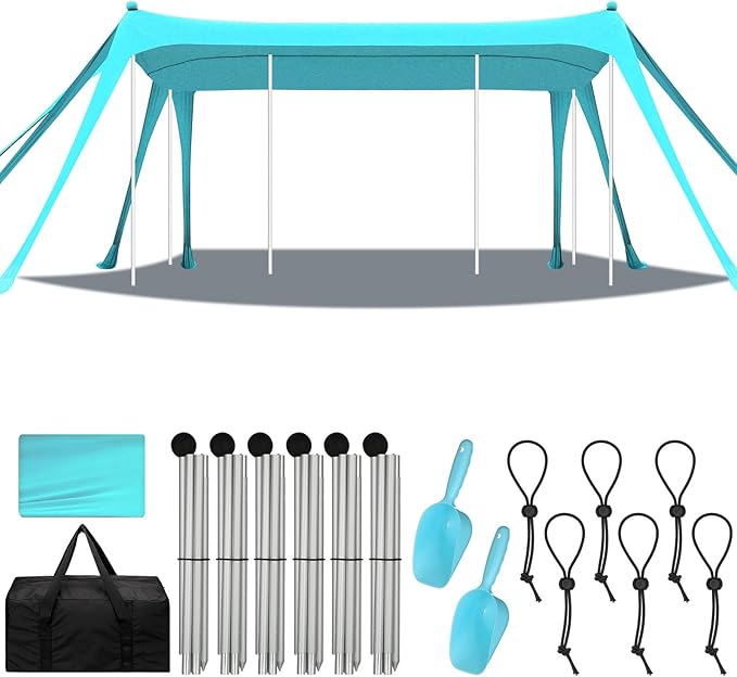 Beach Tent Sun Shelter UPF 50+ Beach Shade Canopy Pop up Tent Portable Cabana Outdoor with Aluminum Poles Sandbags Sand Shovel for Camping Fishing Trip Picnic Party