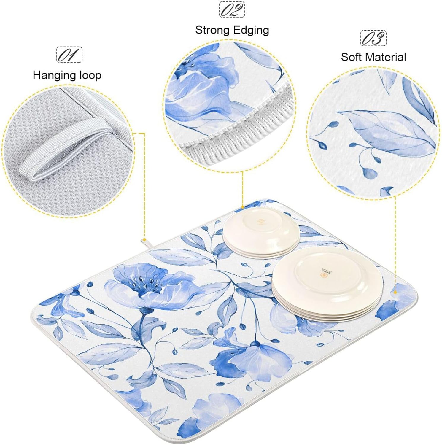 Spring Blue Flowers Leaves Dish Drying Mat for Kitchen Counter Absorbent Microfiber Drying Pad, Large 18x24 in, Reversible Drainer Mats