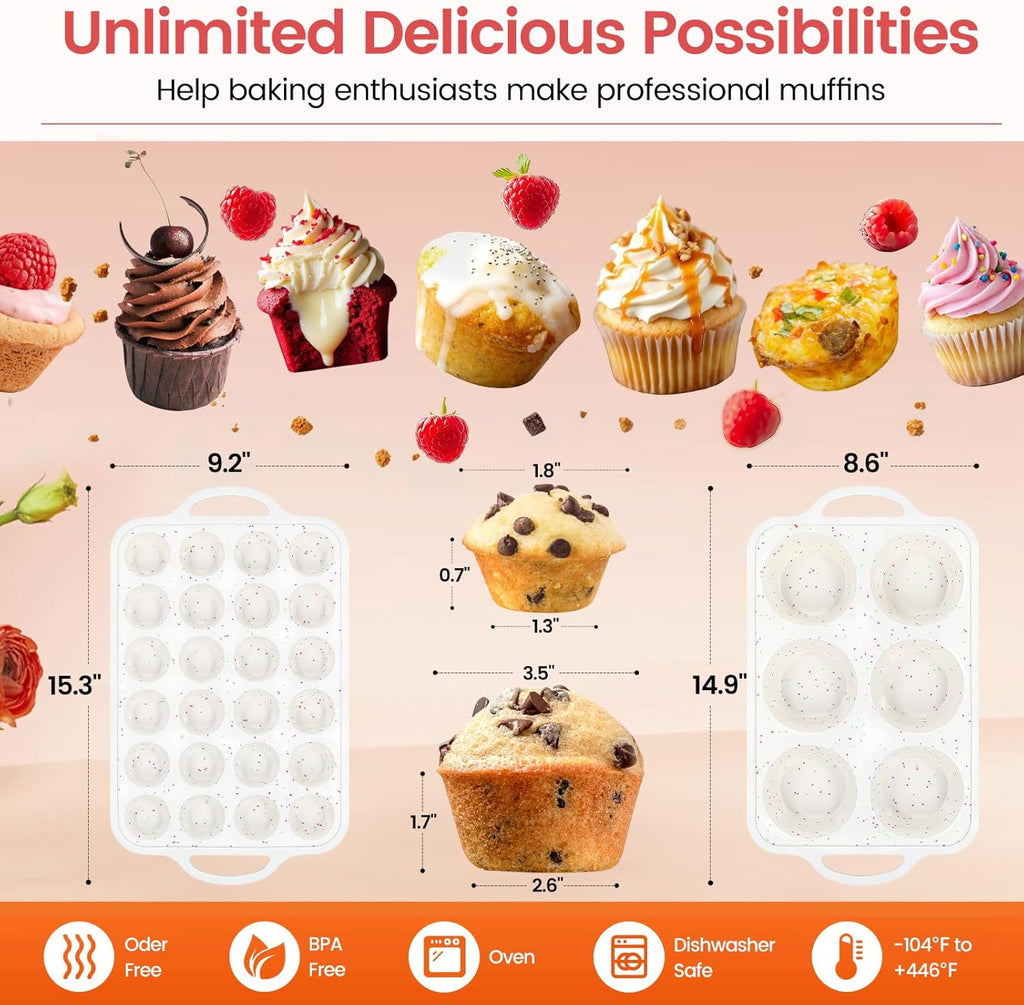 Silicone Muffin Pan with Metal Reinforced Frame - Mini Muffin Pan for Homemade Muffins, Cupcakes, and Bread, Oven and Dishwasher Safe - Set of 2, 6-Cup and 24-Cup