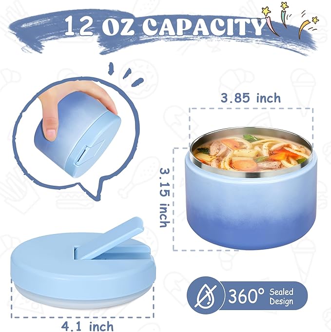 12oz Kids Soup Thermo for Hot Food Insulated Vacuum Food Jar with Buckle Lid, Stainless Steel Wide Mouth Leak Proof Lunch Container for School Travel 1 Pack