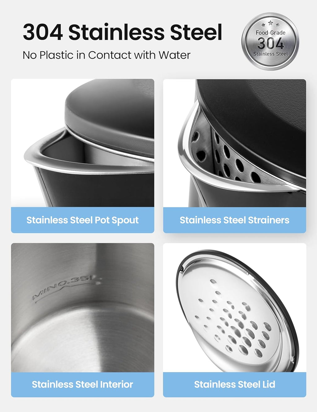 COMFEE' 1.7L Double Wall Electric Tea Kettle and Kettle Water Boiler, 100% Stainless Steel Interior & Lid & Spout, Two-Level Wide Open Lid, 1500W Fast Boiling, Auto-Off and Boil-Dry Protection