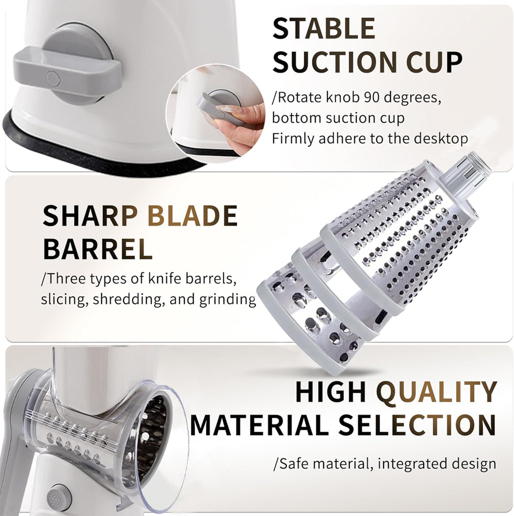3-in-1 Rotary Cheese Grater Vegetable Slicer, 3 Interchangeable Blades Food Shredder with Anti-Slip Reinforced Suction Base, Kitchen Mandoline Chopper (White)