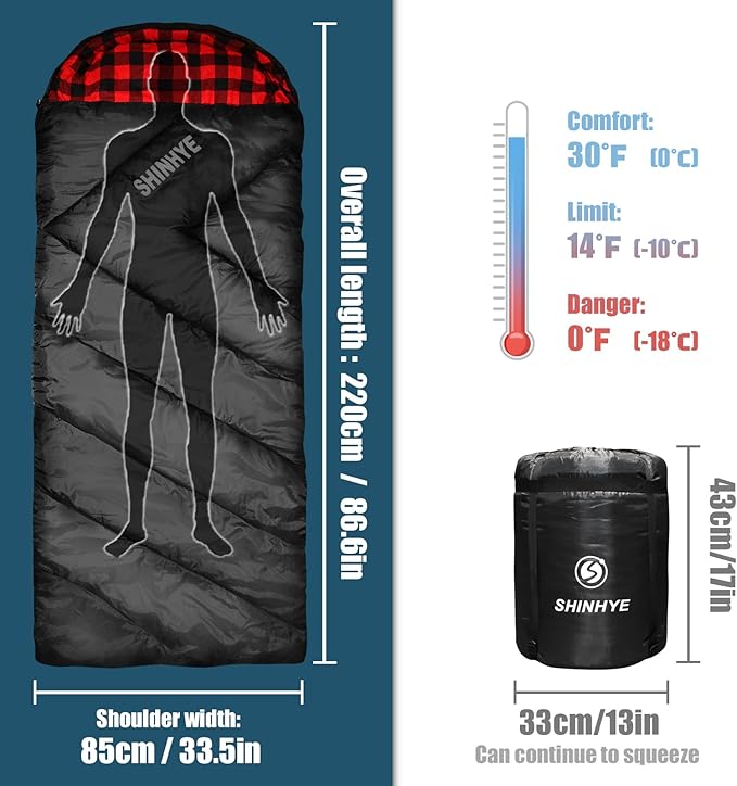 ShinHye 0 Degree Sleeping Bag for Adults - Cotton Flannel 4 Season Cold Weather Winter, XXL Big and Tall Camping Sleeping Bag with Compression Sack