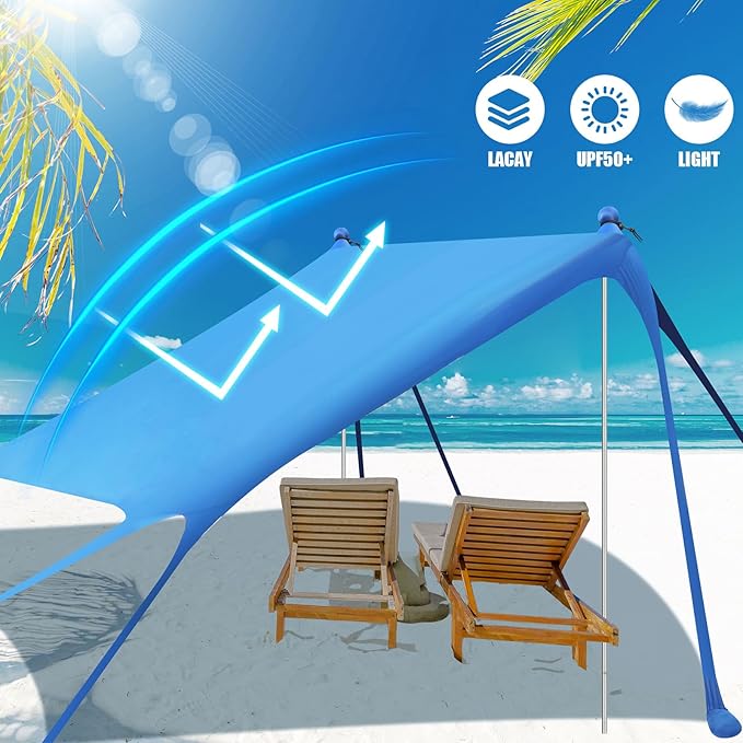 Beach Tent Sun Shelter UPF 50+ Beach Shade Canopy Pop up Tent Portable Cabana Outdoor with Aluminum Poles Sandbags Sand Shovel for Camping Fishing Trip Picnic Party