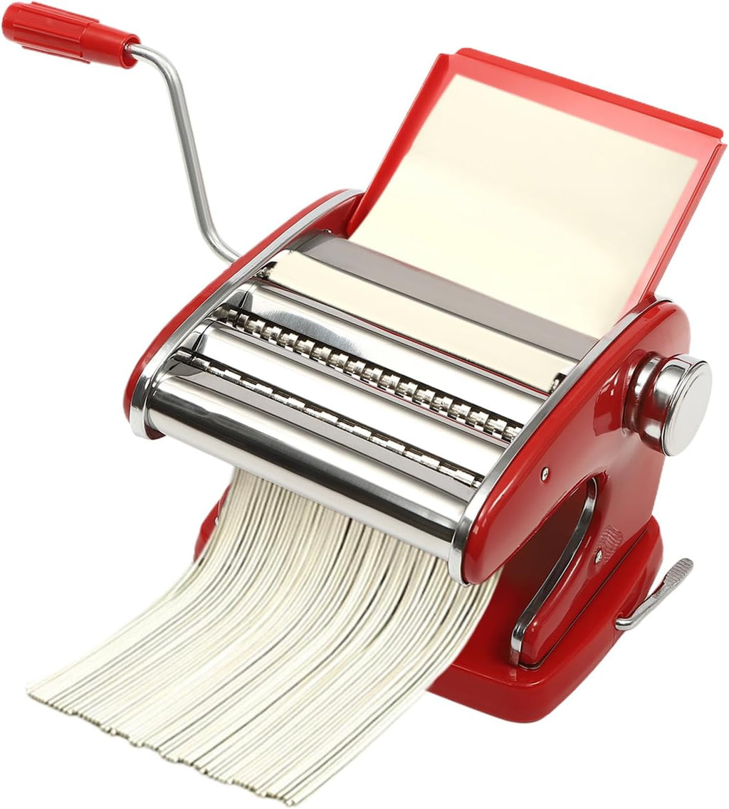 Pasta Maker Machine-6 Adjustable Thickness Settings, Adjustable Clamp, stainless steel Construction for Spaghetti, Fettuccini, Lasagna, Dumpling Skins (Red pasta maker)