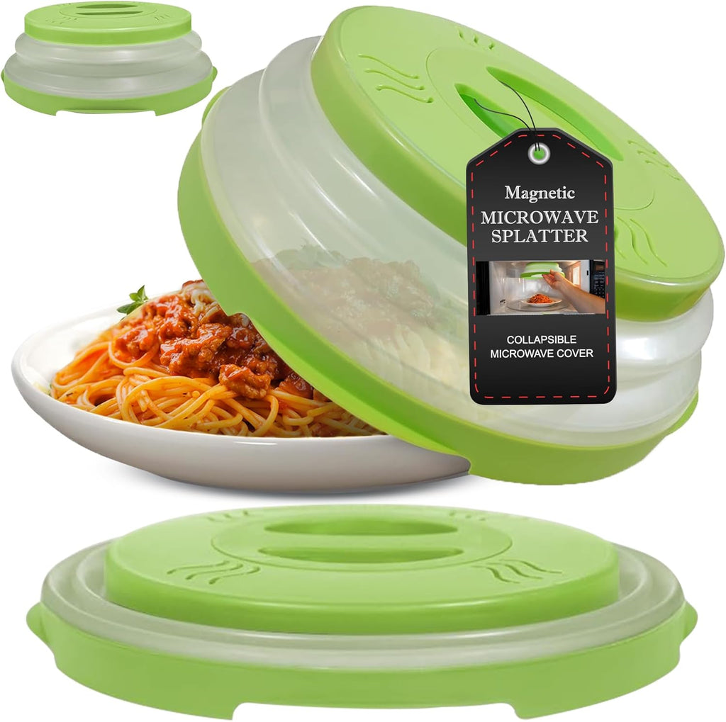2.0 Magnetic Microwave Splatter Cover, Collapsible 12-Inch BPA-Free Food Lid with Upgraded Magnets, Vented Plate Guard, Dishwasher Safe, Space-Saving Magnetic Storage - Green