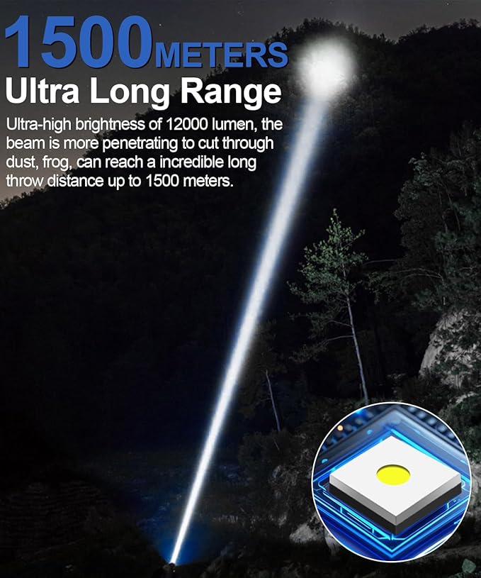 Rechargeable Flashlight High Lumens-12000LM Super Bright Magnetic Flash Light with Power Digital Display,3280Ft Long Range,Dimmable,Waterproof,Pocket Tactical LED Flashlights for Emergency, Blue, 1PC