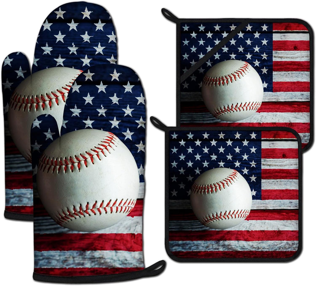 American Flag Baseball Oven Mitts and Pot Holders Sets Heat Resistant 4Pcs Potholders Oven Gloves Hot Pads for Kitchen Baking Cooking Grilling BBQ