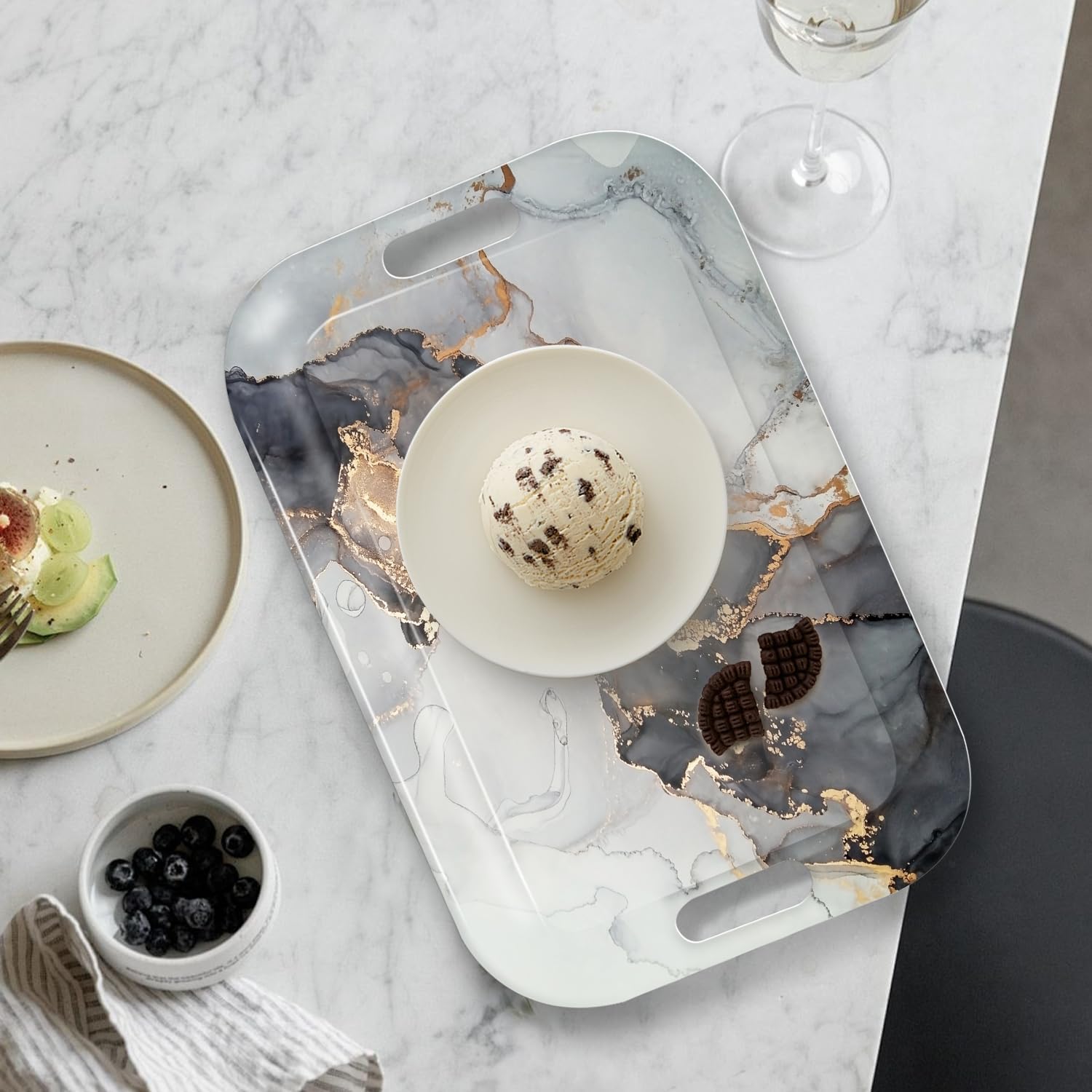 Serving Trays with Handles, 14.5 x 9.8 inch Rectangular Plastic Tray for Restaurant, Kitchen, Gray and Golden Marble
