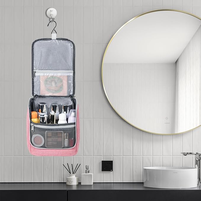 Della Gao Hanging Travel Toiletry bag for Women, Water-resistant Durable Nylon Toiletries Organizer for Cosmetics, Makeup Brushes, Bathroom Bag, Pink