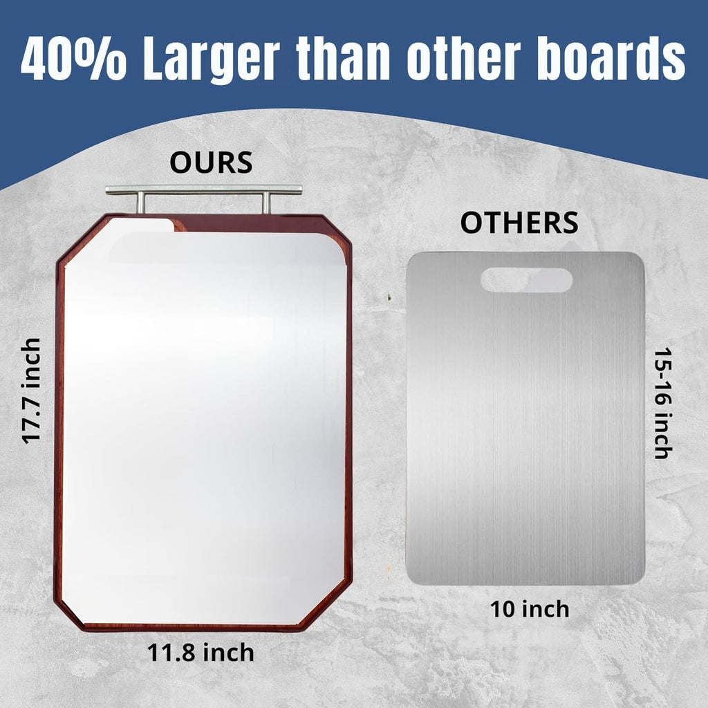 2-in-1 Wooden Cutting Board – 17.7"x11.8", Ebony & Stainless Steel – Double-Sided | Juice Groove | Handle for Hanging | Meat, Cheese, Veggies | BPA-Free & Dishwasher Safe