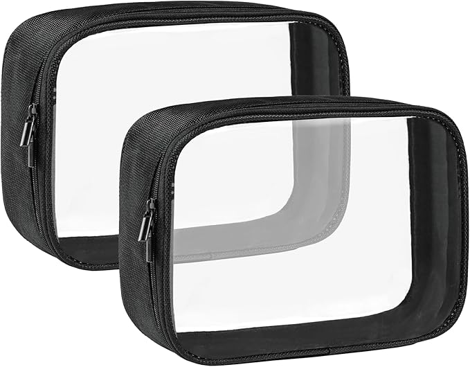 Moyad TSA Approved Clear Toiletry Bag, 2 Pack Quart Size 3-1-1 Liquids Pouch for Travel, Transparent Makeup & Cosmetic Organizer for Women Men, Black