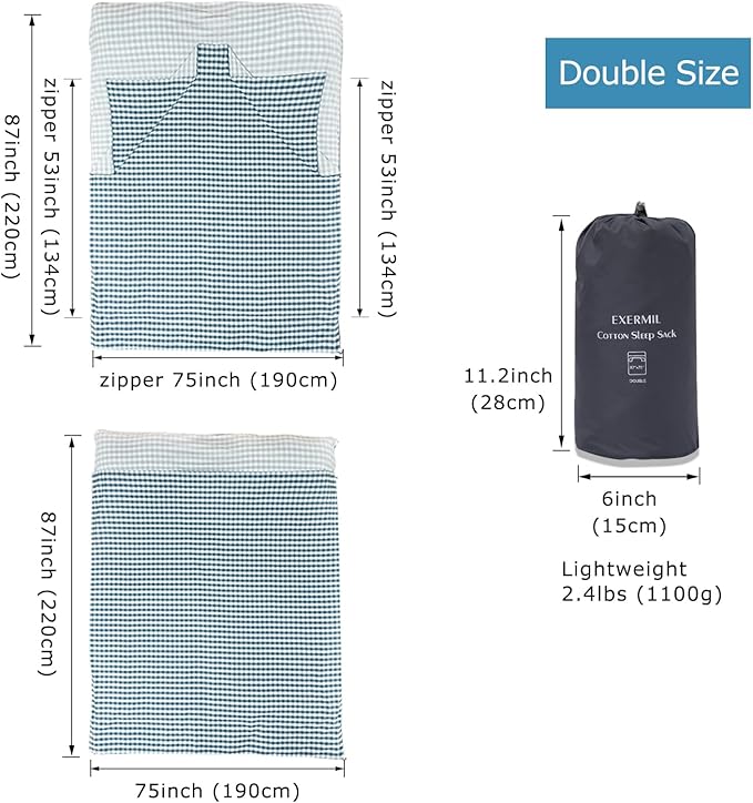 100% Cotton Sleeping Bag Liner with Full Length Zipper on 3 Sides; Single/Double Adult Sleep Sack for Travel & Camping, Multifunctional Travel Sheets (Unzipped 87”x87”) for Hotel, Lightweight