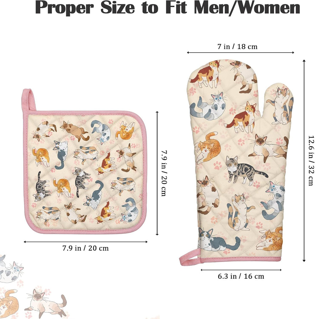 Cat Oven Mitts and Pot Holders Sets 100% Cotton Heat Resistant, Extra Long Oven Gloves Potholder for Kitchen Cooking Baking Housewarming