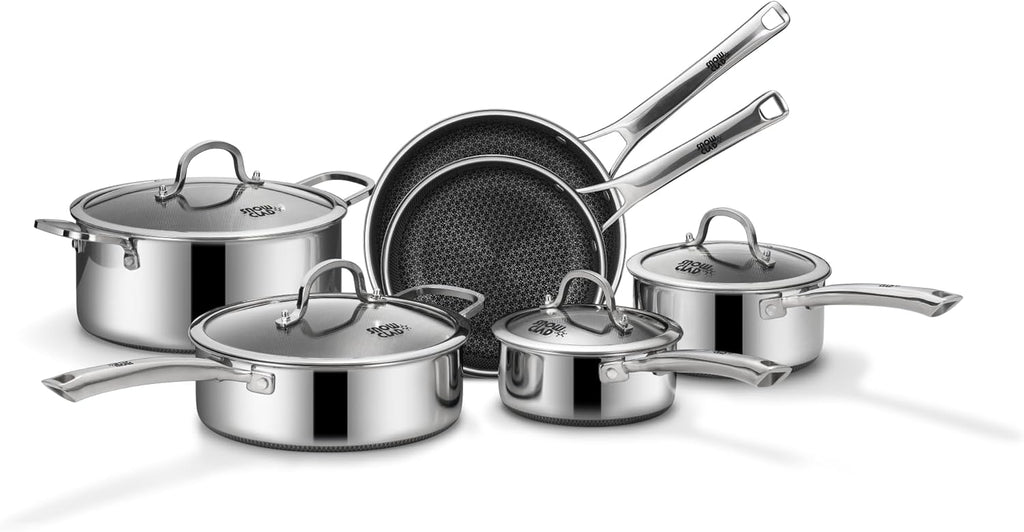 SNOWCLAD Pots and Pans Set Non Stick, 10 Pcs Hybrid Stainless Steel Cookware Sets, Non Stick Frying Pans, Saucepans, Saute Pan & Stock Pot, PFOA Free Kitchen Skillet,Induction Compatible
