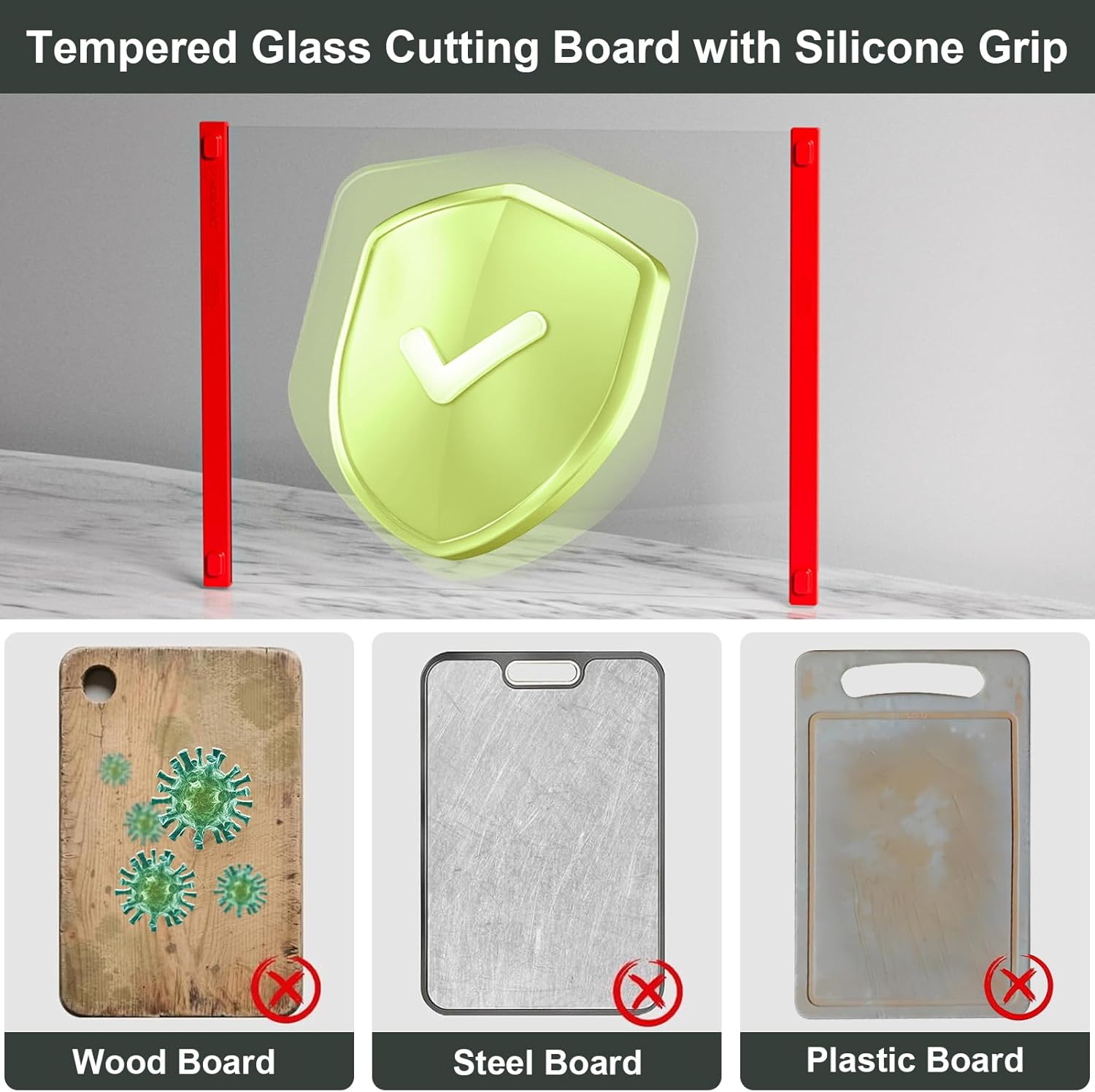 Glass Cutting Board with Silicone Grip, 80% Stronger Shatter Resistance and Slip Resistance,No Scratches/Microplastic-Free,Dishwasher Safe, Non Toxic Cutting Board for Kitchen (Red-12 * 8"&16 * 12")