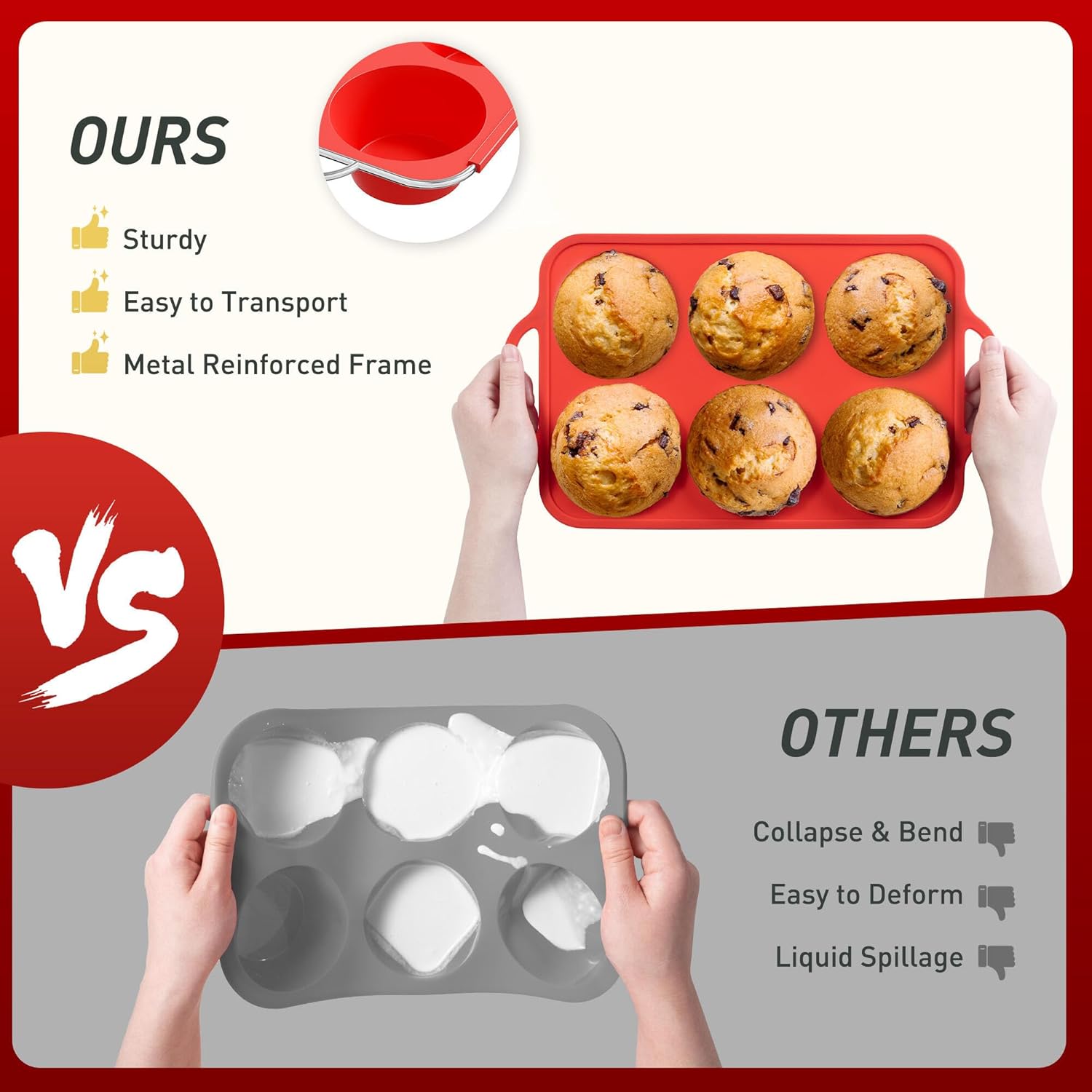 2 Packs 6 Cups Silicone Muffin Pan with Metal Reinforced Frame Jumbo Size Cupcake Pan Tray Egg Bites Cookie Molds Muffin Tin Tart Pans Moldes De Silicona Para Gelatina Hornear Flan Chocoflan