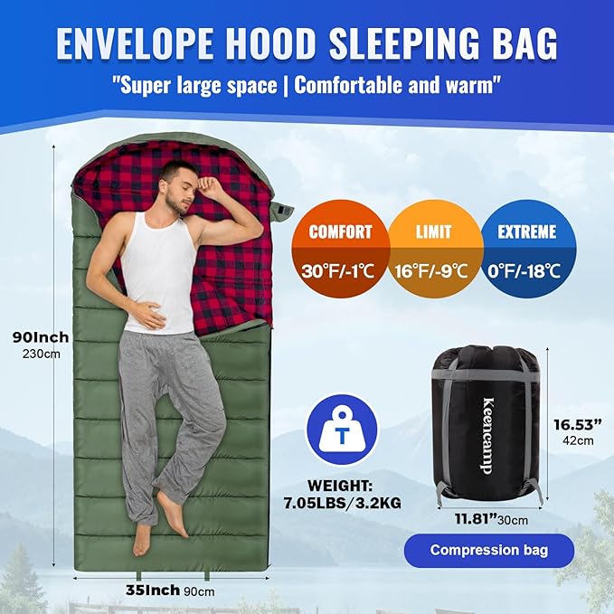 0 Degree Sleeping Bag Cotton Flannel Winter Cold Weather for Adults XXL Sleeping Bag 4 Season Big and Tall with Pillow Compression Sack
