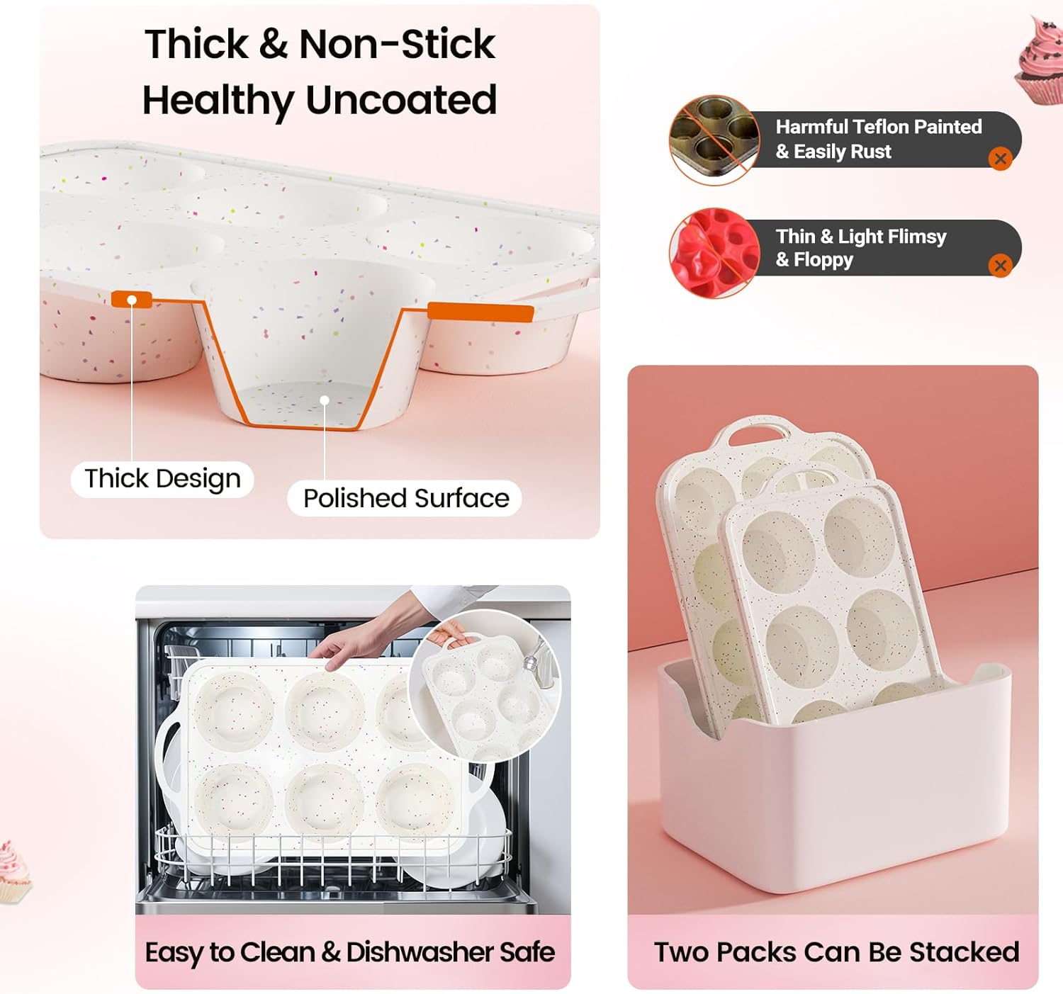 Silicone Muffin Pan with Metal Reinforced Frame - Mini Muffin Pan for Homemade Muffins, Cupcakes, and Bread, Oven and Dishwasher Safe - Set of 2, 6-Cup and 24-Cup