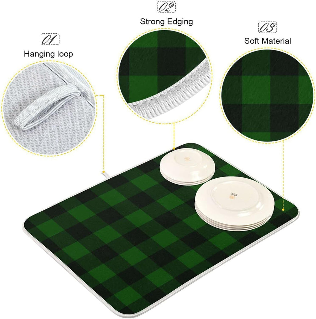 Senya Super Absorbent Dish Drying Mat, Microfiber Fast-Drying Dish Mat, 16/in x 18/in, Kitchen Dish Drying Pad Vintage Hunter Green Plaid