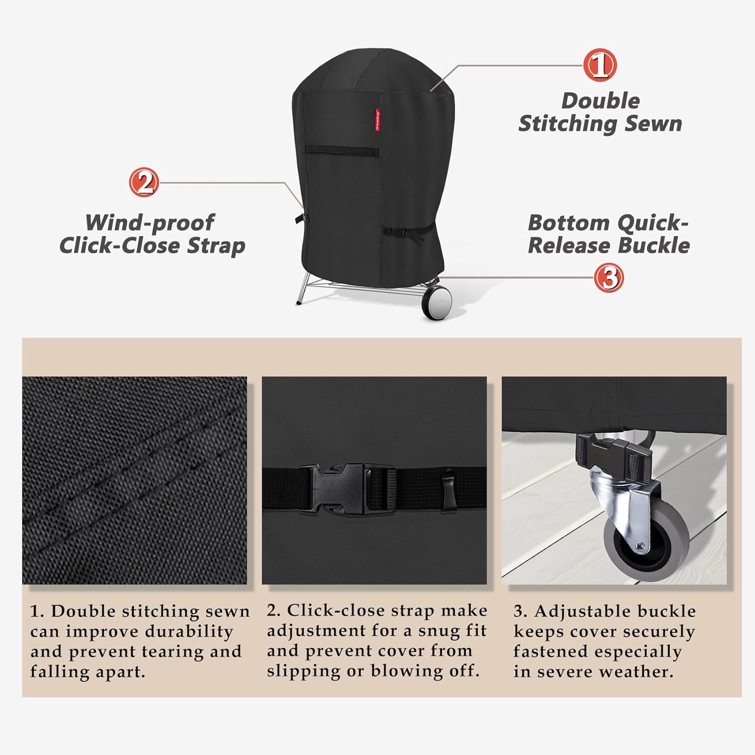 Porch Shield Outdoor Charcoal Kettle Grill Cover 26 inch Waterproof 600D Round Smoker Cover Fits Most Kettle Grill 33" Dia x 38" H, Black