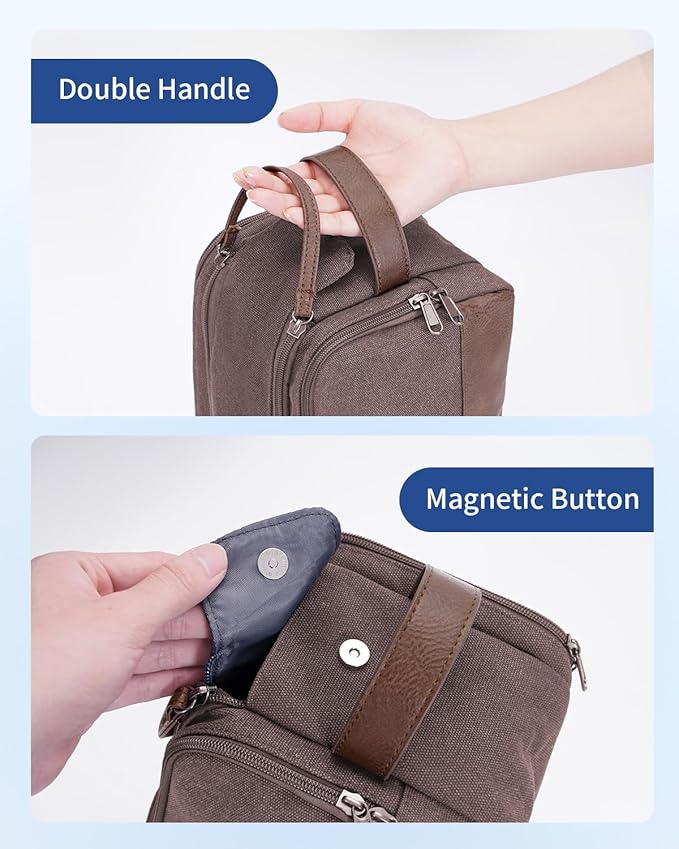 WANDF Toiletry Bag for Men Travel Toiletry Organizer Canvas and Leather Dopp Kit Water-Resistant Shaving Bag for Travel Accessories (Brown, Patent Pending)