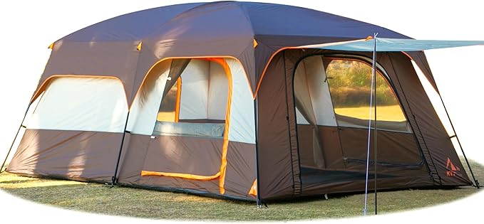 KTT Extra Large Tent 10-12-14 Person(A),Family Cabin Tents,2 Rooms,3 Doors and 3 Windows with Mesh,Straight Wall,Waterproof,Double Layer,Big Tent for Outdoor,Picnic,Camping,Family Gathering