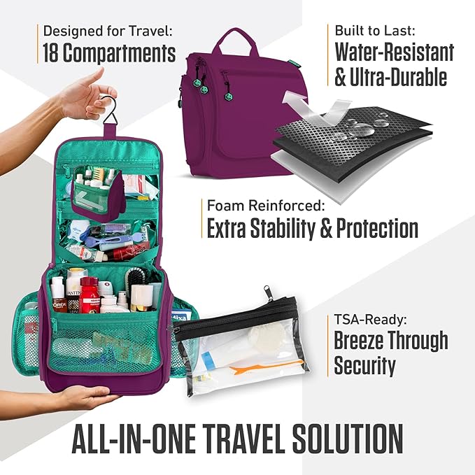 VENTURE 4TH Hanging Travel Toiletry Bag for Women & Men - Travel Organizer with Expandable Compartments & Removable Clear Pouch for Toiletries (Purple/Mint)