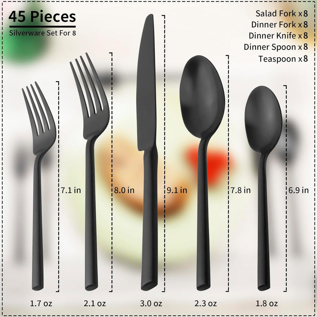 Alata Potter Black 45-Piece Forged Silverware Set with Utensil-Serving Set, Service for 8, Stainless Steel Flatware Set, Modern Design with Satin Finish, Ideal for Home, Kitchen, Party, Camping