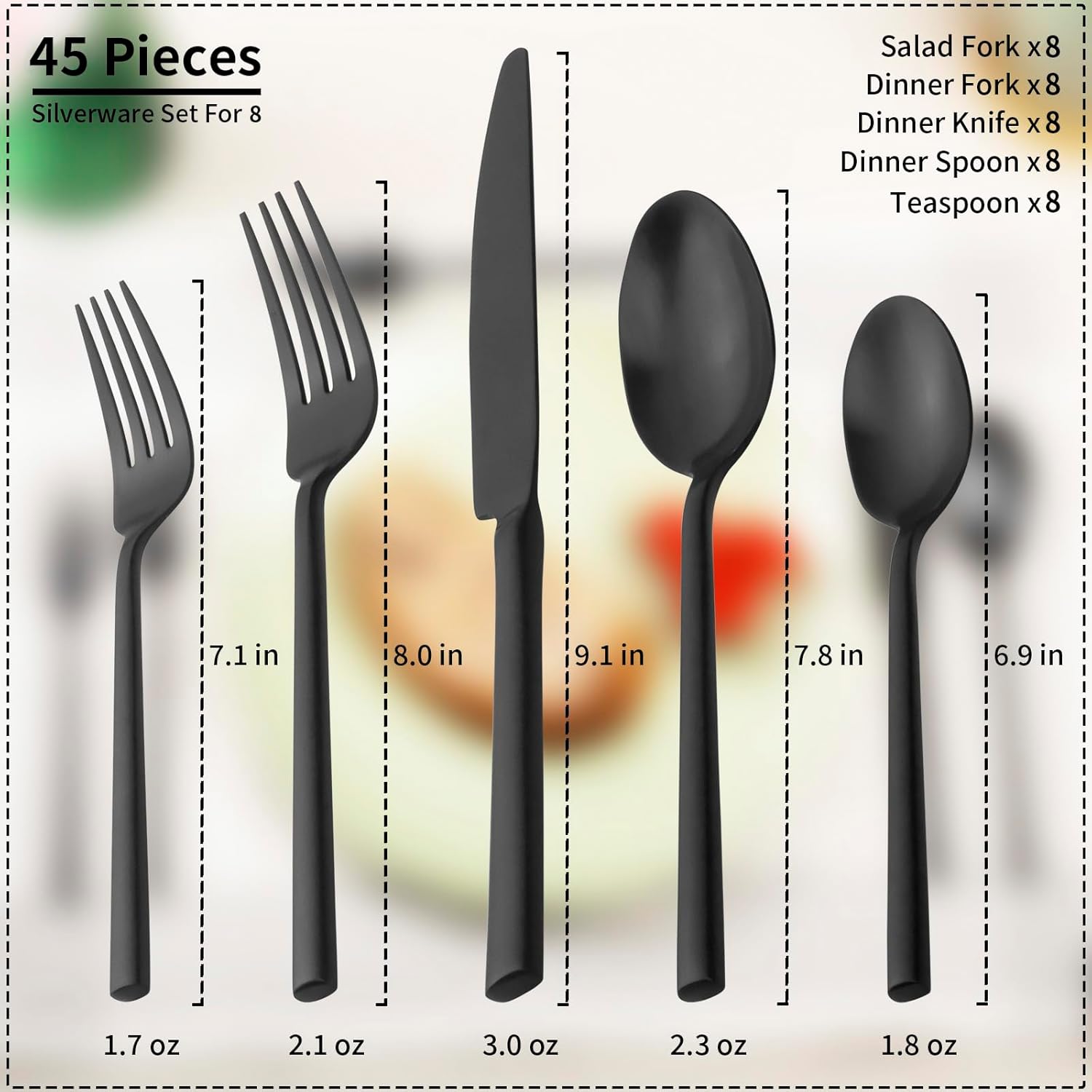 Alata Potter Black 45-Piece Forged Silverware Set with Utensil-Serving Set, Service for 8, Stainless Steel Flatware Set, Modern Design with Satin Finish, Ideal for Home, Kitchen, Party, Camping