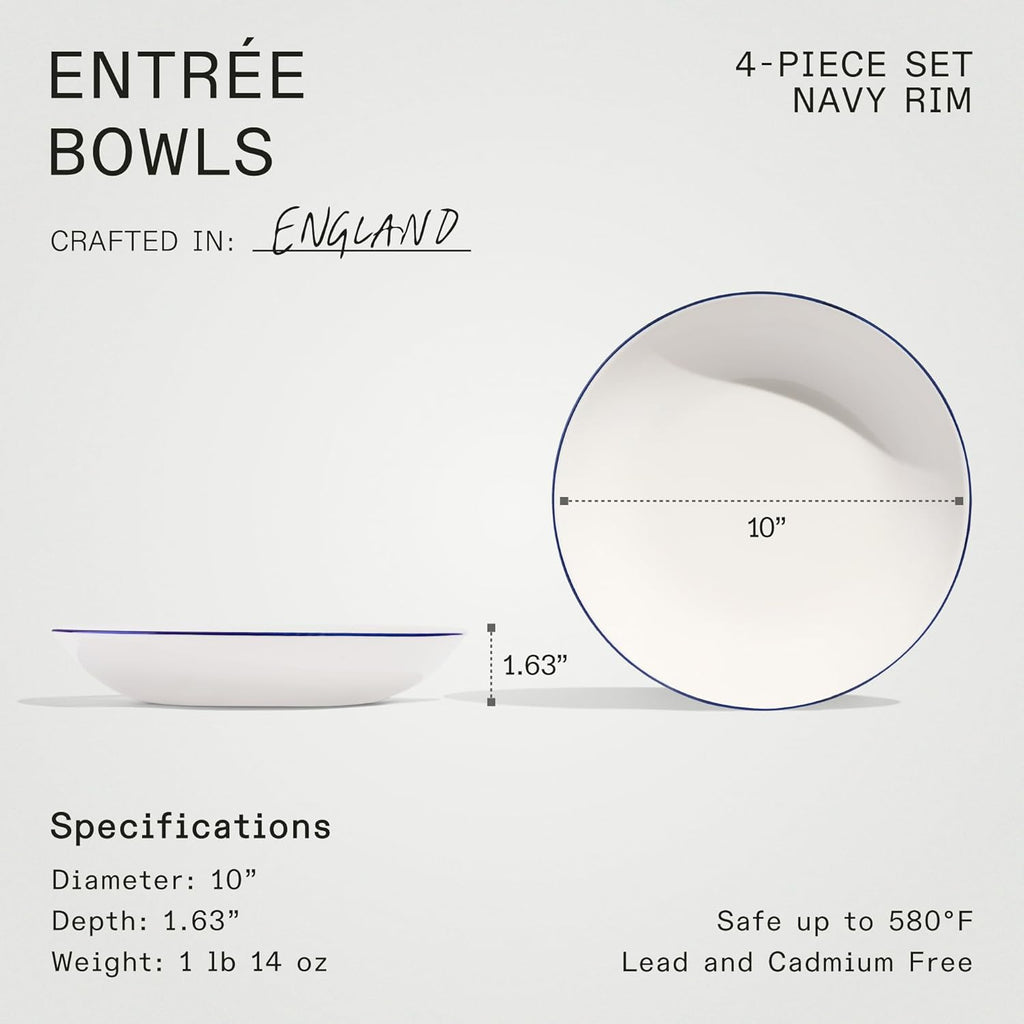 Made In Cookware - Set of 4 - Entrée Bowls - White With Navy Rim - Porcelain - Crafted in England