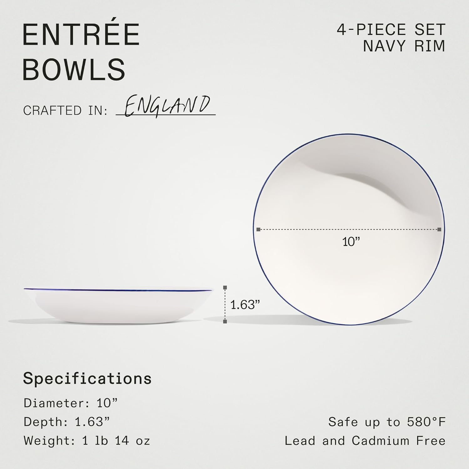 Made In Cookware - Set of 4 - Entrée Bowls - White With Navy Rim - Porcelain - Crafted in England