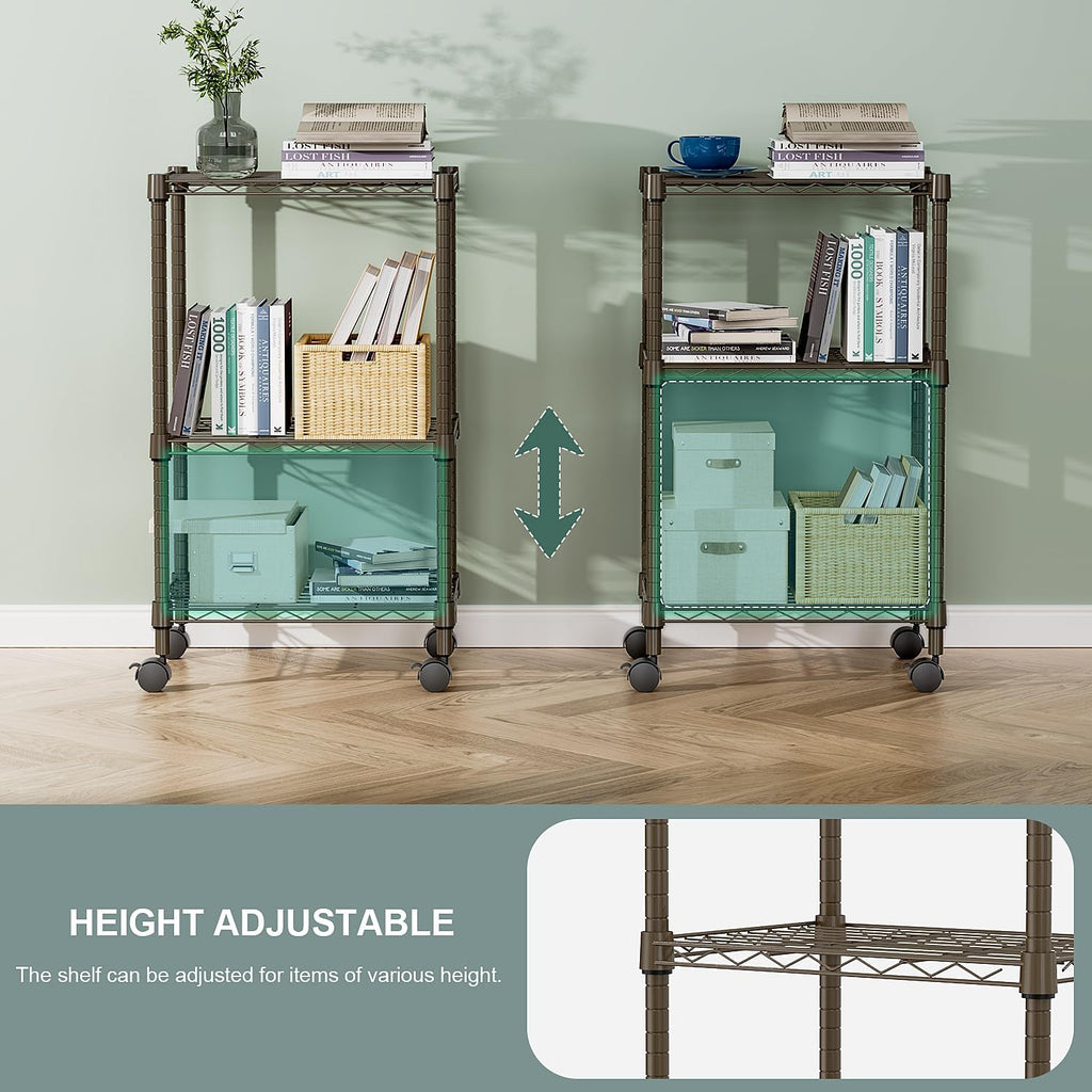 3 Tier Shelf Metal Storage Shelves Wire Rack Closet Organizers with Wheel for Garage Kitchen Bathroom Laundry Brown 11.8" D x 17.7" W x 29.8" H