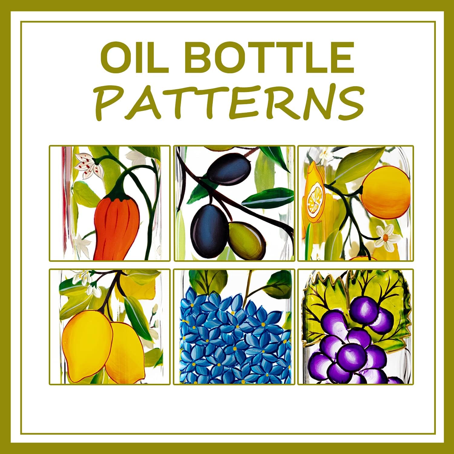 17oz Hand Painted Glass Olive Oil Bottle Dispenser - 500ml Green Oil & Vinegar Cruet with Pourers - Olive Oil Carafe Decanter for Kitchen (olive2)