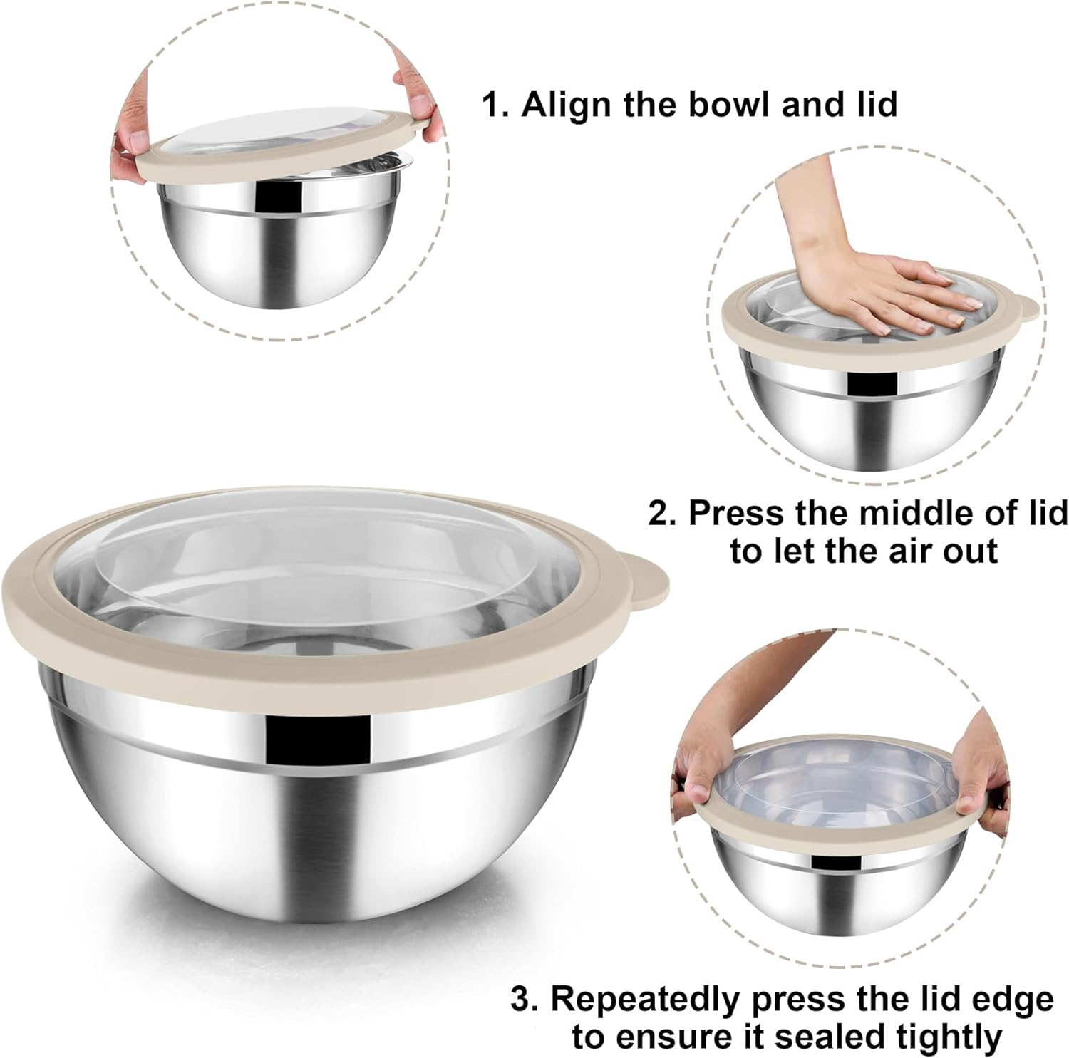 TeamFar Mixing Bowls with Lids, 4.5/3/1.5 QT Stainless Steel Nesting Salad Bowls with Airtight Lids, For Serving/Mixing/Storing/Prepping, Healthy & Sturdy, Visible & Easy Clean, Khaki, Set of 3