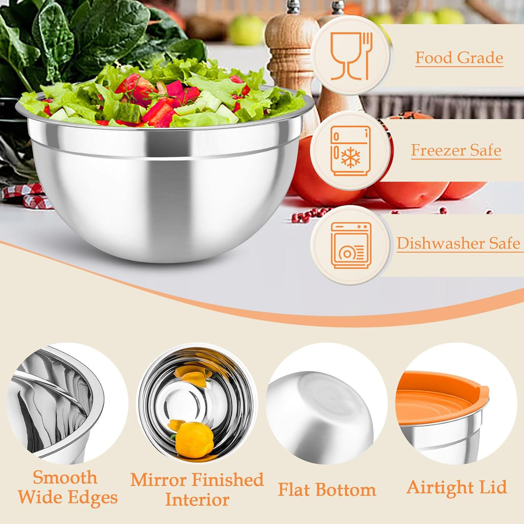 TeamFar Mixing Bowls, Stainless Steel Nesting Salad Bowls with Lids Set & 3 Grater Attachments, For Mixing/Serving/Storing, Non-toxic & Long-lasting, Size 4.6/3 / 1.5 QT, Colorful