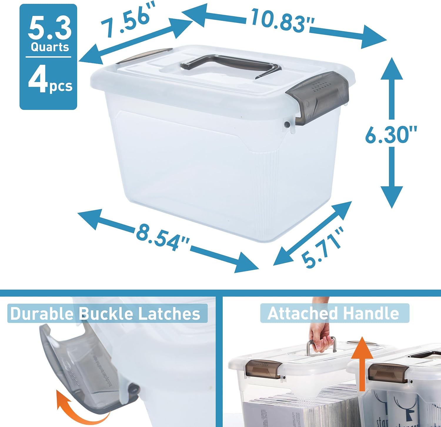 Citylife 4 Packs 6 QT Storage Bins with Lids Clear Plastic Bins with Grey Handle Stackable Storage Containers for Organizing