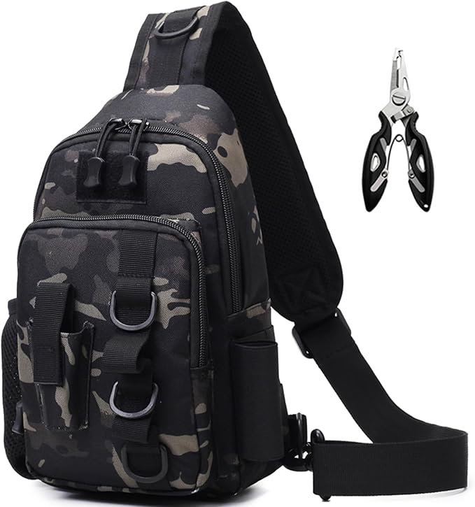 Fishing Sling Bag - Small Fishing Tackle Storage Bags with Rod Holder (Green Camo)