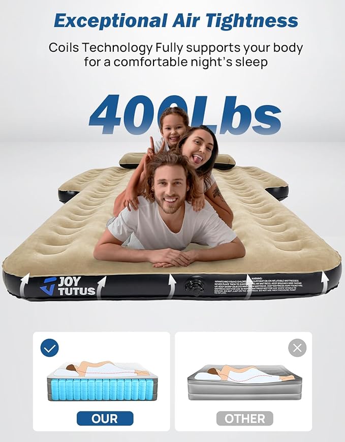JOYTUTUS SUV Air Mattress Camping Bed,3.0 Thickened Flocking Car Camping Inflatable Mattress,Anti-Leakage,with 2 Pillows & Electric Pump Universal Car Bed for SUV Trunk and Rear Seat