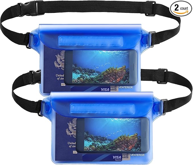 Waterproof Waist Pouch 2-Pack | Beach Accessories Fanny Pack for Swimming Snorkeling Sailing Kayaking Beach Pool Water Parks | Keep Your Phone Wallet Safe and Dry (White & Black)