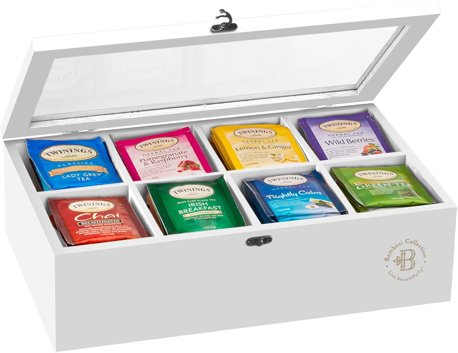 Bambüsi Tea Bag Organizer - Bamboo Tea Box Organizer Storage Box, Tea Bag Holder with Acrylic Window, Magnetic Lid Keeps Tea Bags Fresh - Tea Organizer Caddy (Tea Not Included) Christmas Gift - White