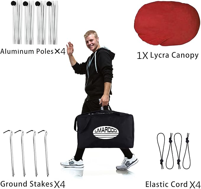 UMARDOO Family Beach Tent Canopy Sun Shade Portable, Large Compact Beach Sun Shelter Easy Setup with Packable Bag for Outdoor Travel (Red, 10X10 FT. 4Poles)