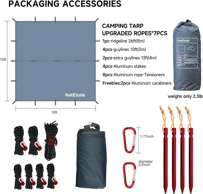 Waterproof Camping Tarp - PU5000mm Coating Rain Fly for Hammock Cover, Tarp Tent, Versatile with 19 tie-Outs - Portable, Essential for Backpacking and Camping Gear - 10x10ft