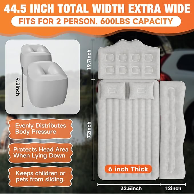 Car Air Mattress Back Seat: Inflatable Car Mattress for Back SUV, Car Beds Thickened Camping Air Mattress with Air Pump, Portable Car Travel Sleeping Mattres for Truck, SUV, Sedan(Grey)