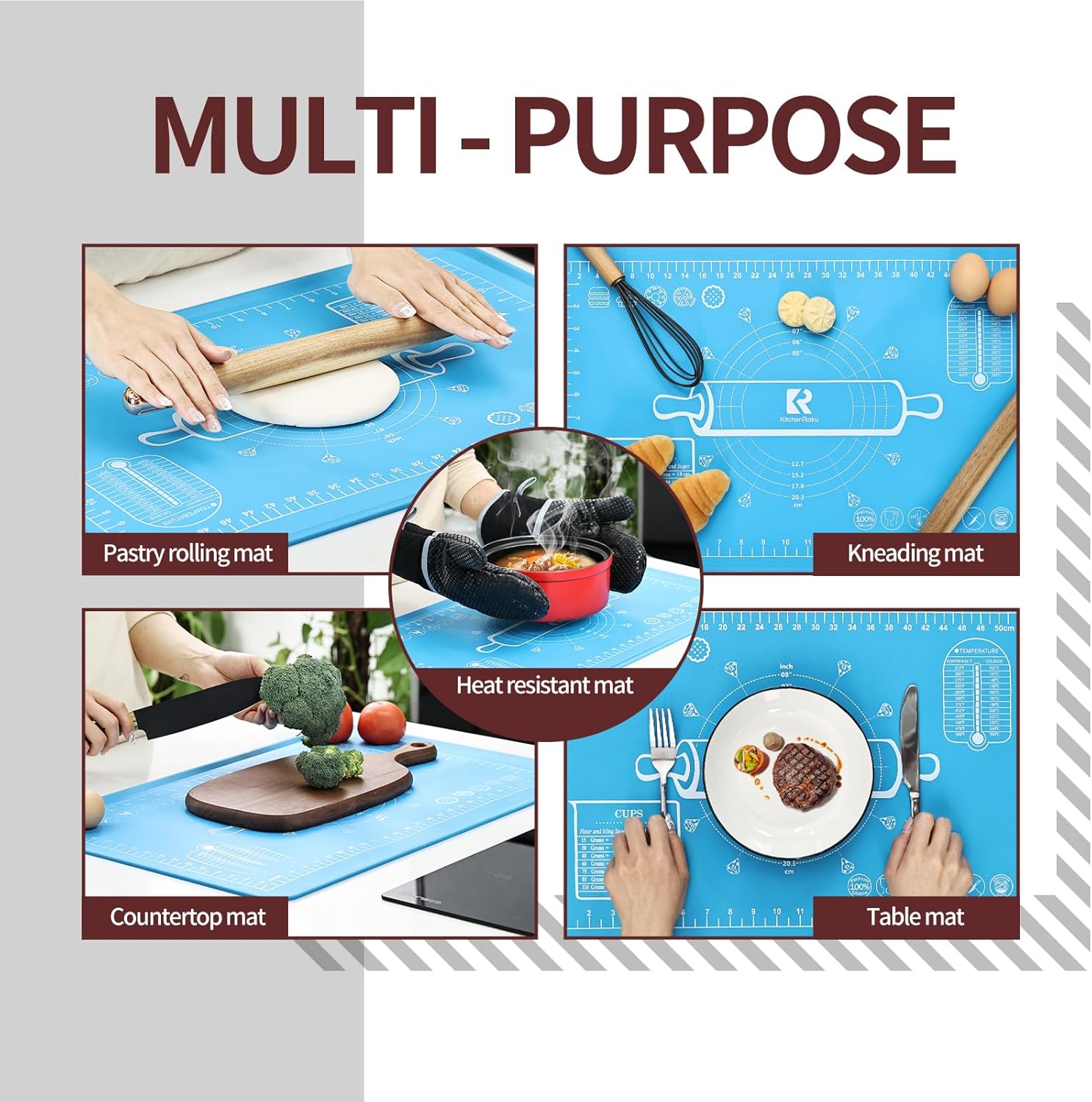 Silicone Baking Mat 20"L x 28"W, Extra Thick Dough Rolling Pad with Measurements and Edge Heightening, Non-stick Food Grade Silicone Pastry Mat for Pastry, Bread, Cookies