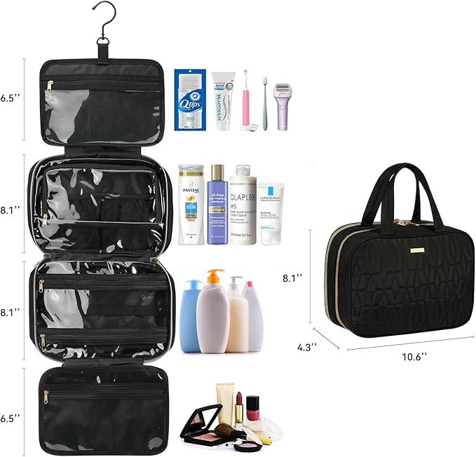 Voova Hanging Travel Toiletry Bag for Women Men, Waterproof Makeup Cosmetic Organizer Holder for Toiletries Accessories, Traveling Essentials,Shampoo,Full-Sized Container, Brushes Kit Set, Black