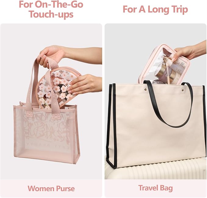 PACKISM TSA Approved Toiletry Bag - Rose Pink Flower Print Clear Shell Bag and Upgrade Color-Edged Quart Size Bag, Perfect for On the Go or Travel, Lightweight and Robust, 2 Pack