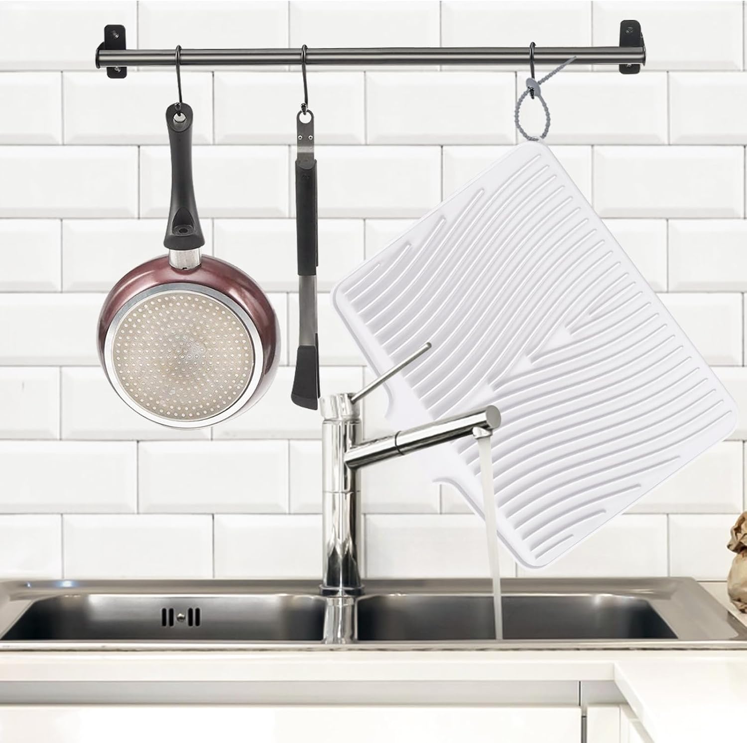 Dish Drying Mat,Stone Drying Mat for Kitchen Counter with Built-in Drain,Non-Slip Drying Matt Kitchen Counter, Heat Resistant Silicone Drying Mat, Dish Drying Pad, 2 Pcs(Ivory, 19.7"x17")