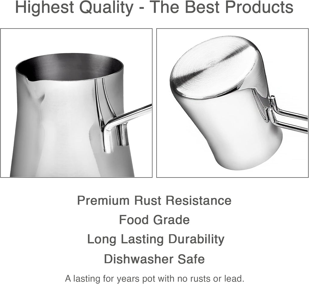 CRYSTALIA Turkish Coffee Pot 18/10 Stainless Steel, Stove Top Tea Maker, Milk Warmer, Greek Arabic Coffee Cezve Briki, 29 oz (Silver, Large)